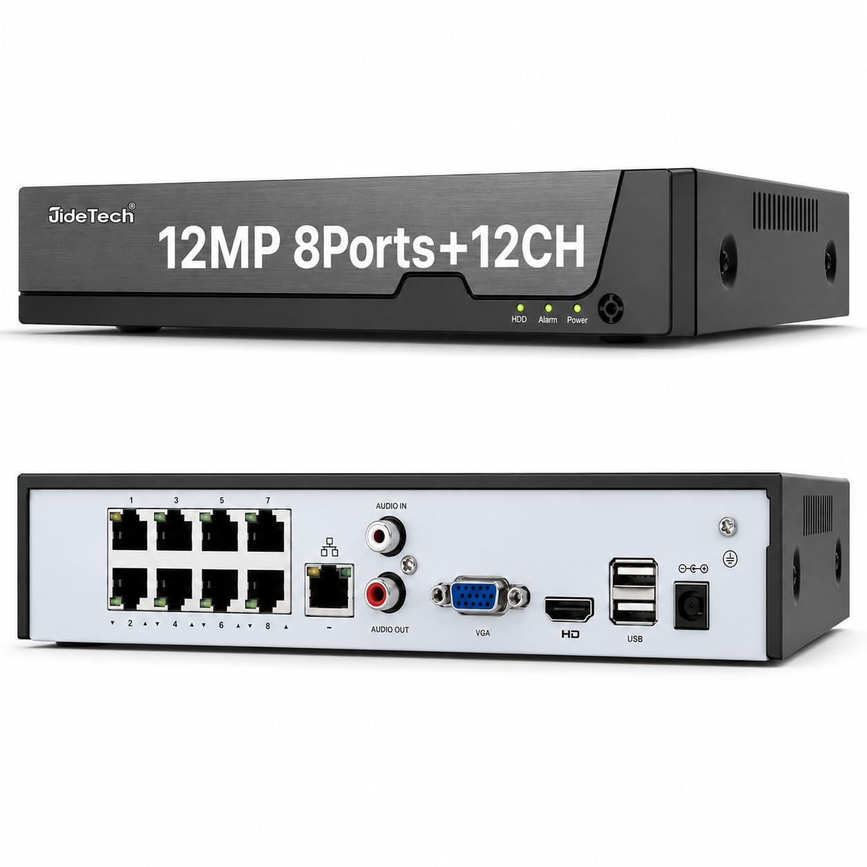 JideTech NVR 4K 8 canali PoE, 8 porte 16 CH espandibile Network Video Recorder per sistema di telecamere di sicurezza domestica 4K/2K/8MP/5MP/3MP/1080P, registrazione 24/7, disco rigido da 1 TB