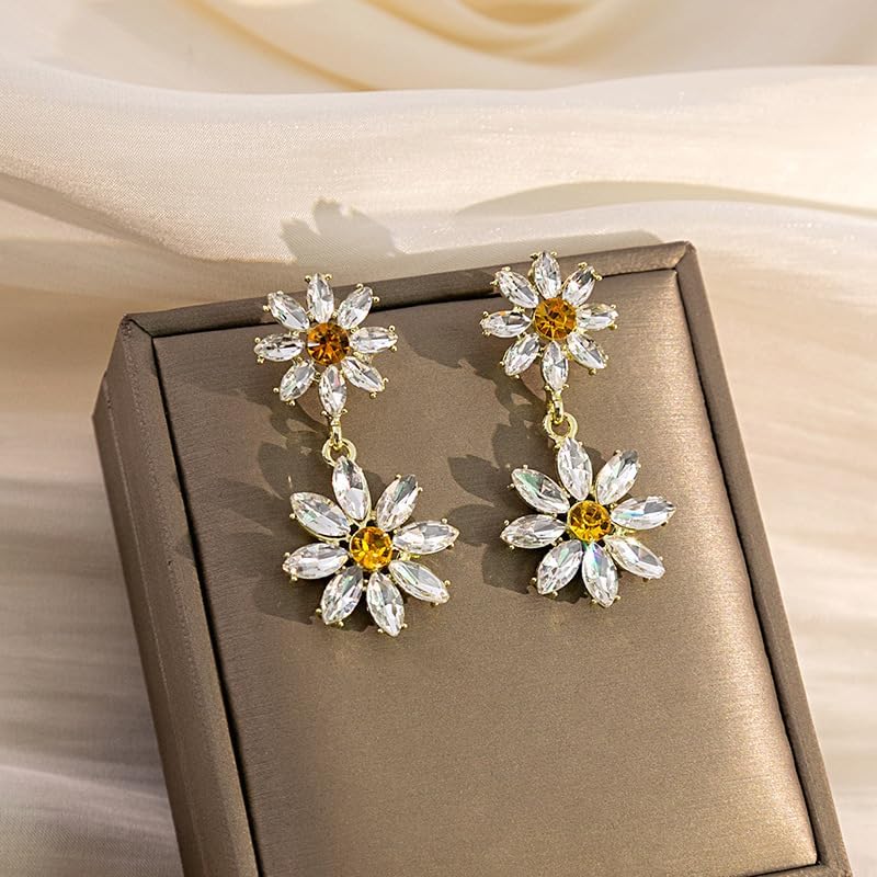 Daisy Flower Earrings for Women Glitter Crystal White Floral earrings Double Flower Drop Dangle Summer Earring Jewelry for Prom Party - Image 5
