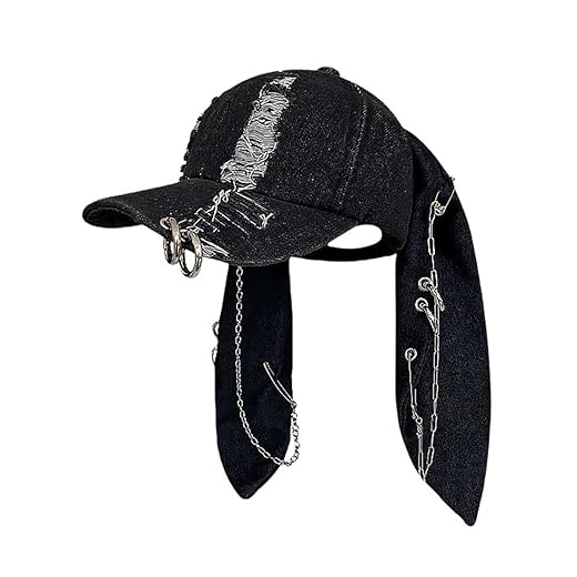 Y2k Hat Punk Hats Denim Bunny Hat Chains Distressed Baseball Cap Kpop Outfits Y2k Grunge Hats for Women