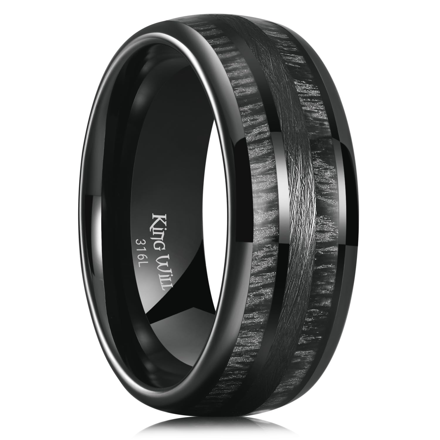 King Will 316L Stainless Steel Wedding Band for Men Women-8mm Width Black/Gold/Sliver with Koa/Maple Wood Inlay Domed Design Wodden Wedding Ring