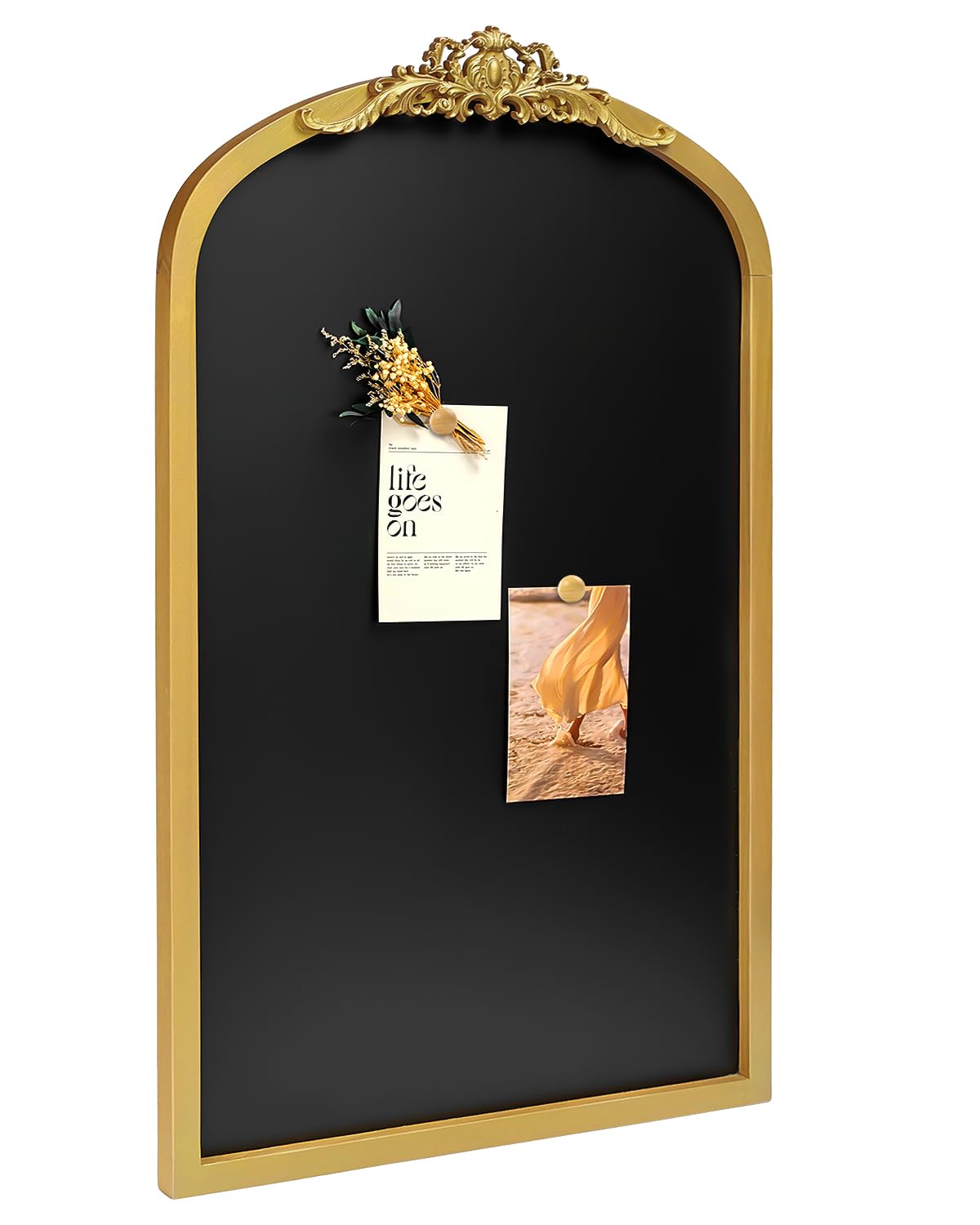 okydoky arch chalkboard; 19 x 31 framed arched ornate vintage magnetic chalkboard, gold pine wood fram, ideal as a motivational vision board or wall organizer