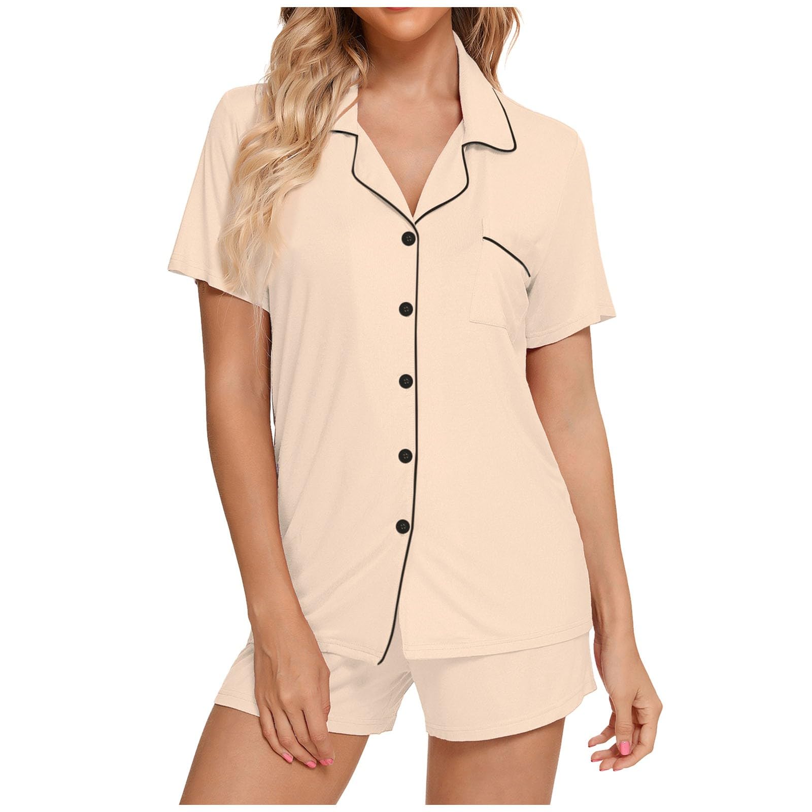 Pijama para mujer y mujer, conjunto de pijama de manga corta, ropa de dormir con botones, pantalones cortos, conjuntos de ropa de hogar suaves