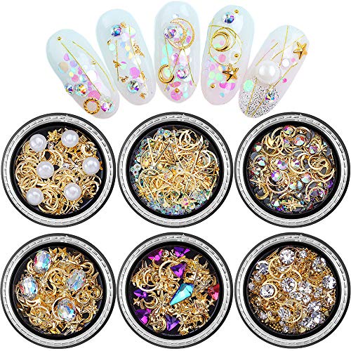 Nail Art Studs Gems 3D Nail Art Rhinestones Gold Decals 6 Boxes Mixed Patterns of Stars Moons Triangle Rivets Diamonds for Women Manicure Wraps Fingernail Tips Decorations Accessories & Supplies