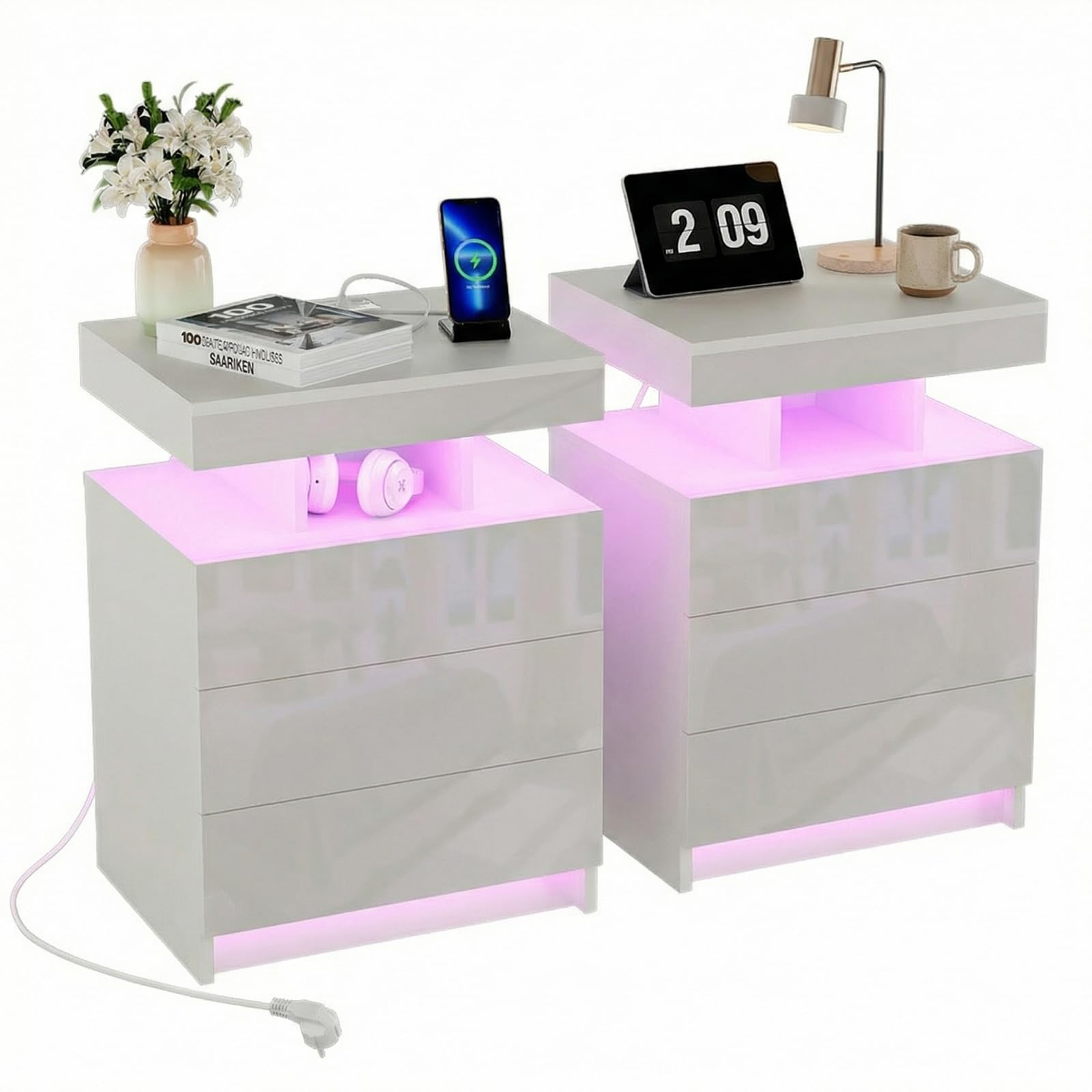 Set 2 Comodino con Presa Elettrica e LED RGB, comodini camera da letto Moderni a 3 Cassetti Laccati e Antrato Aperto, 2 AC 2 USB LED RGB e Telecomando, per Soggiorno, Bianco 50cm Larghezza