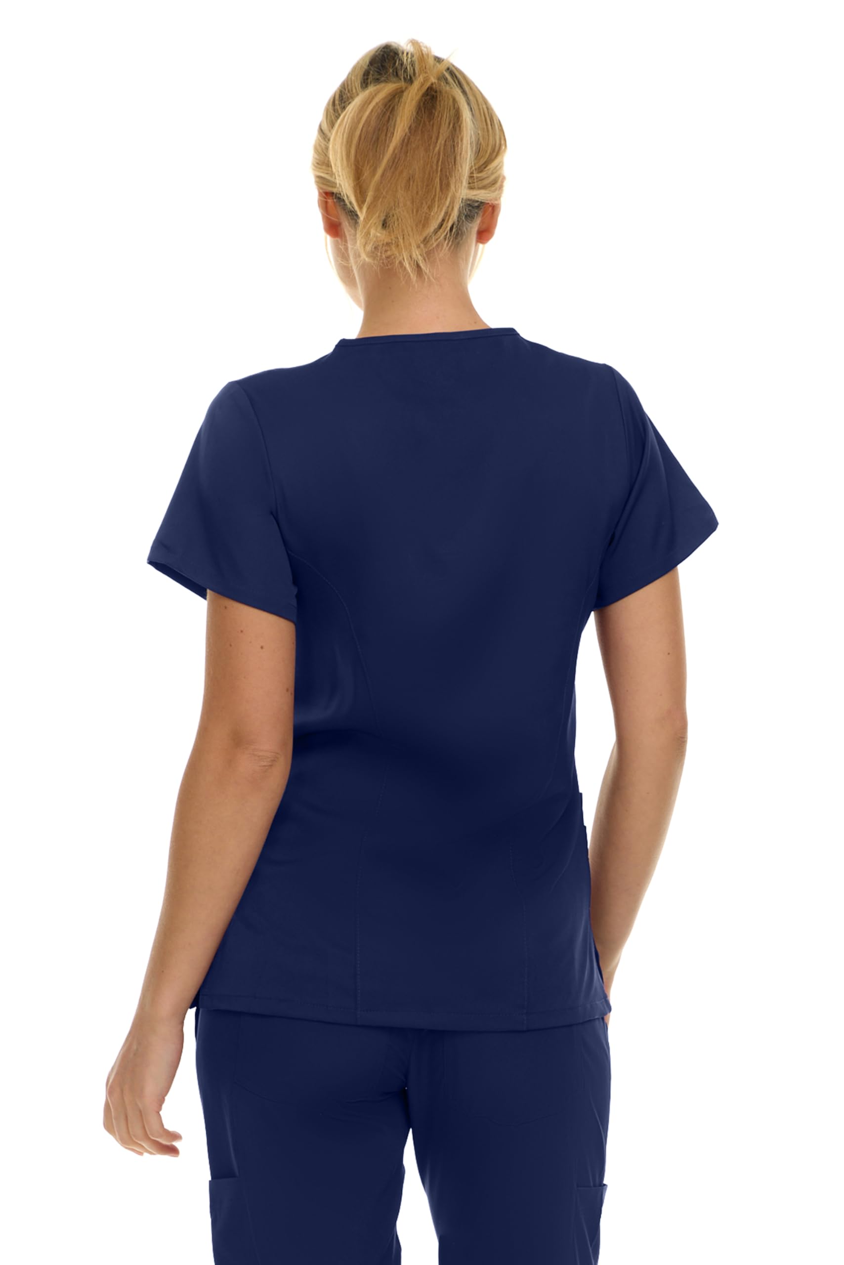 MediChic Women's V-Neck Scrub Top - 3-Pocket, 4-Way Stretch, Comfortable Medical Uniform, Navy Large