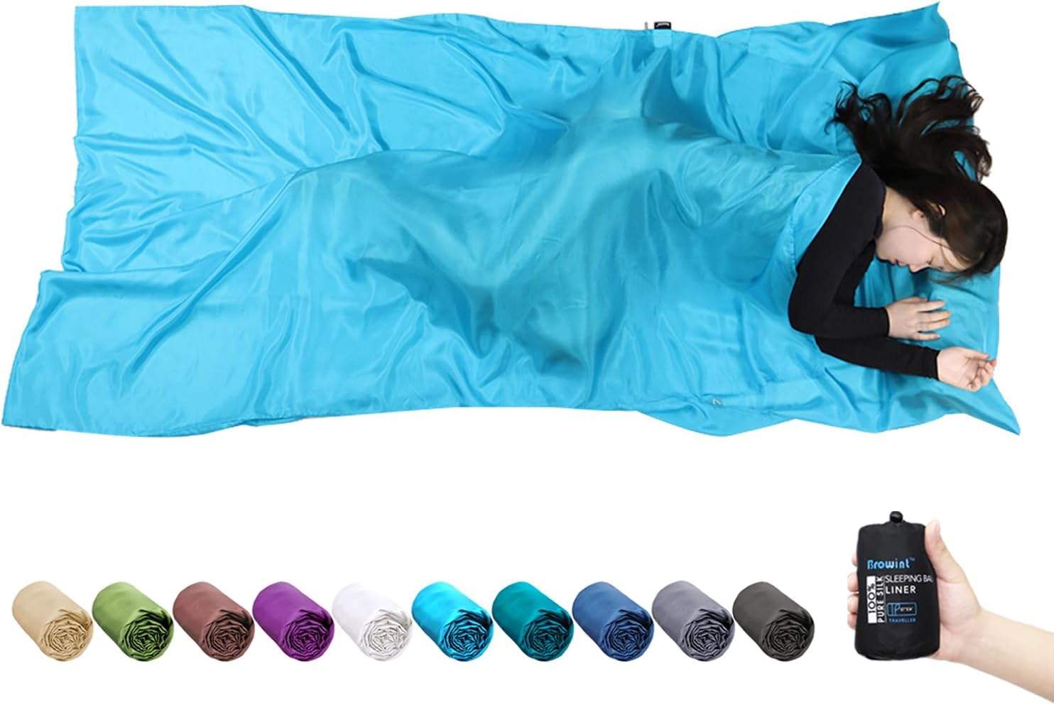 Browint Silk Sleeping Bag Liner, Silk Sleep Sheet, Sack, Extra Wide 87"x43", Lightweight Travel and Camping Sheet for Hotel, More Colors for Option, Reinforced Gussets, Pillow Pocket