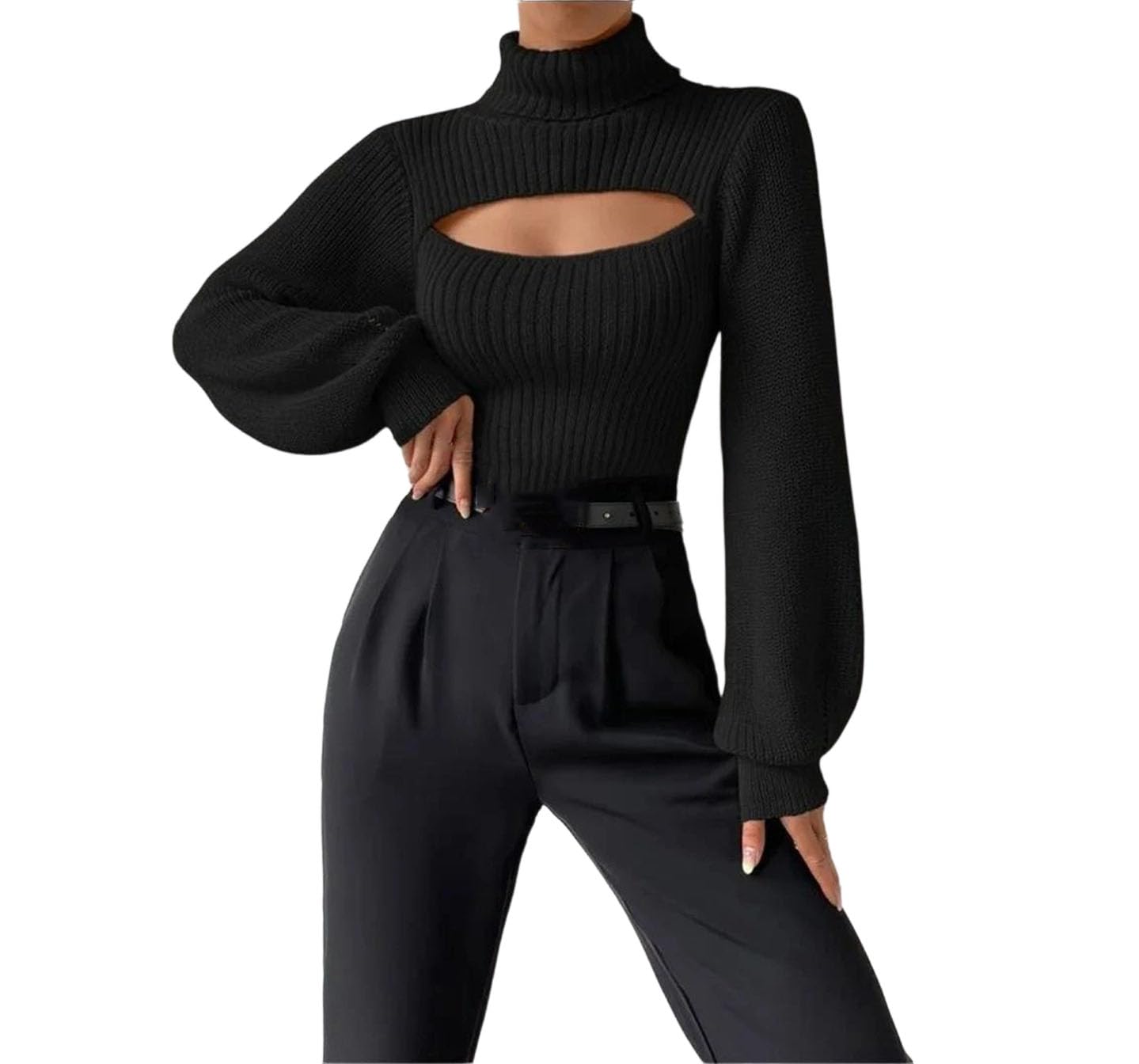 Womens Winter Sweater Sexy Loose High Neck Hollow Out Sweater