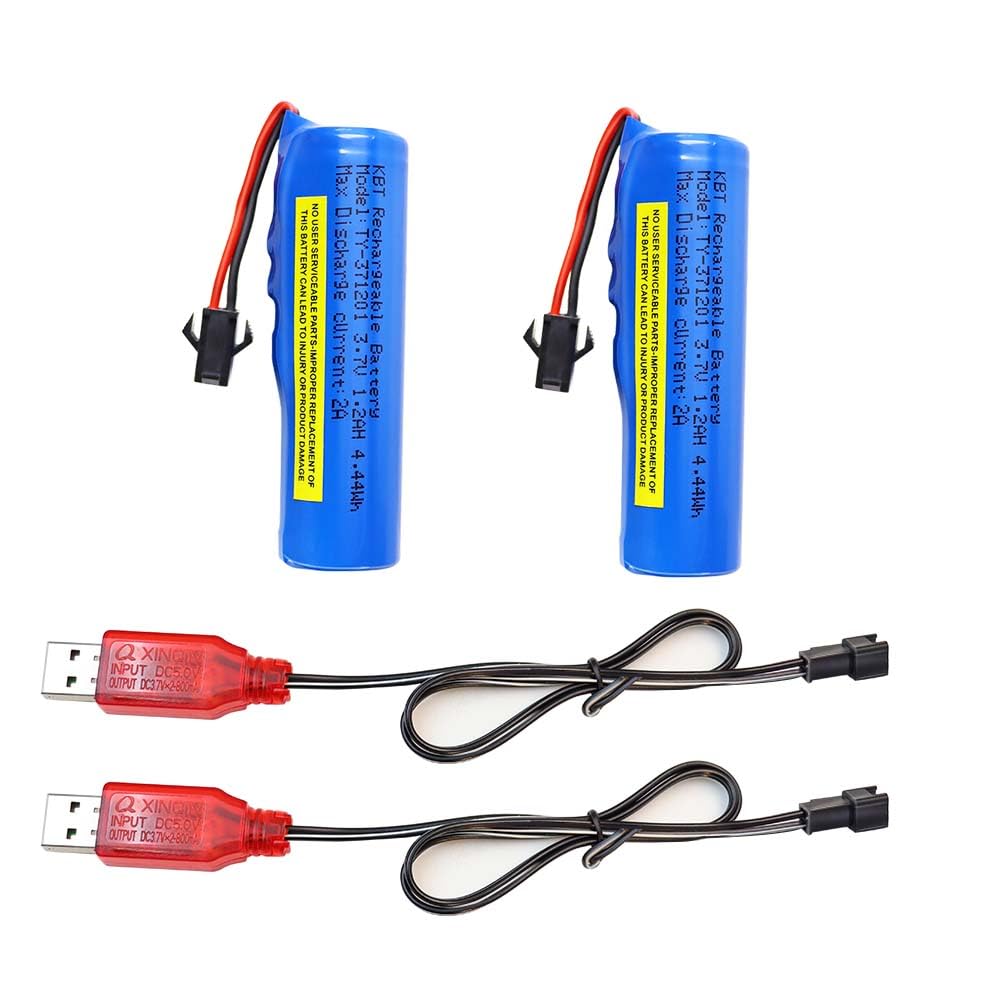 KBT 2 Pack 3.7 Volt 1200mAh Li-ion Rechargeable Battery Pack for RC Car, SM 2Pin Plug 3.7 Volt Lithium-ion Batteries with 2 RC Battery Charger for RC Truck, RC Boat, RC Stunt Car