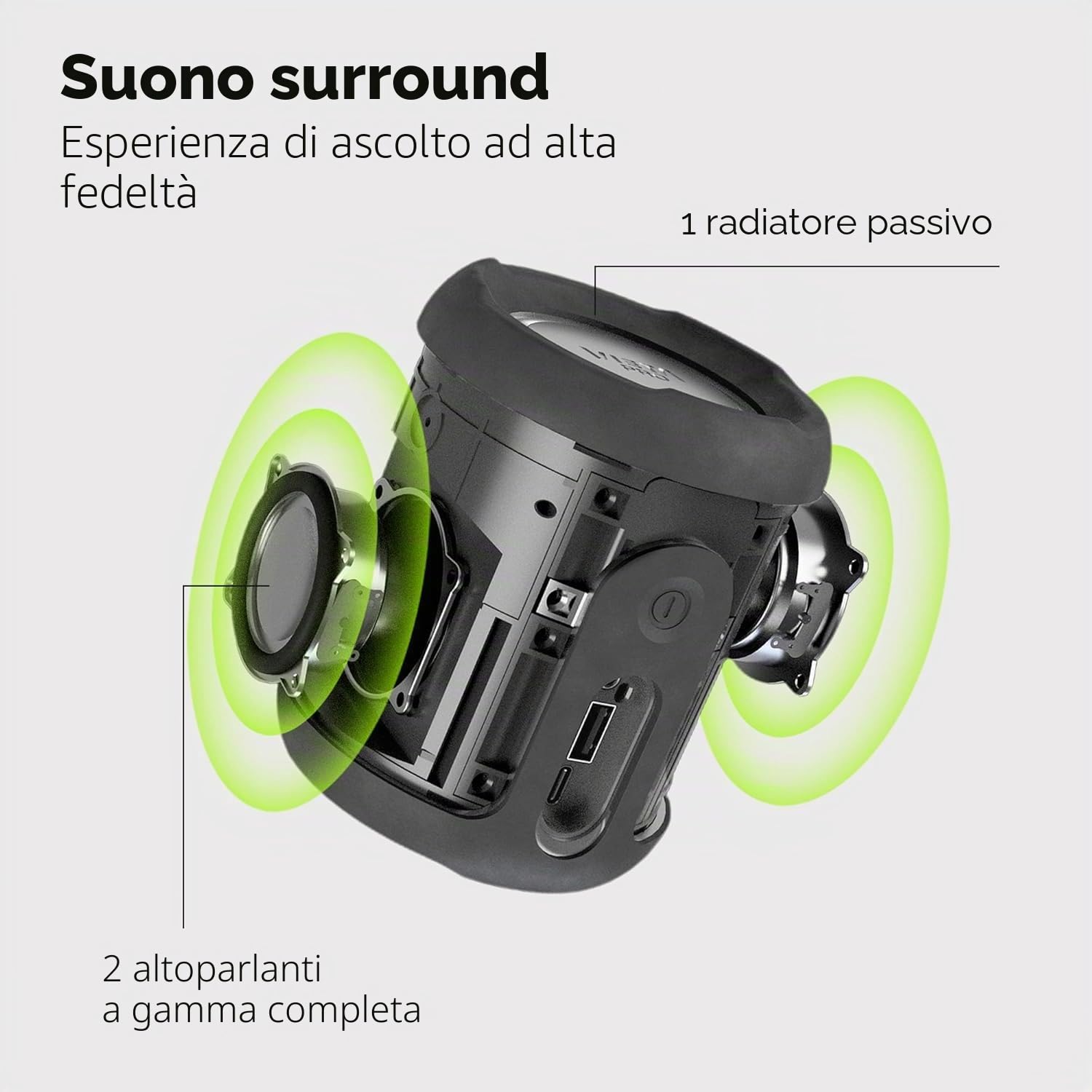 Vieta Pro Sun 2 - Altoparlante Bluetooth 5.3 potente da 16 W, portatile, resistente all'acqua IPX7, per doccia e piscina, altoparlante piccolo, batteria 13h, microfono, Aux-In, USB-C e TWS