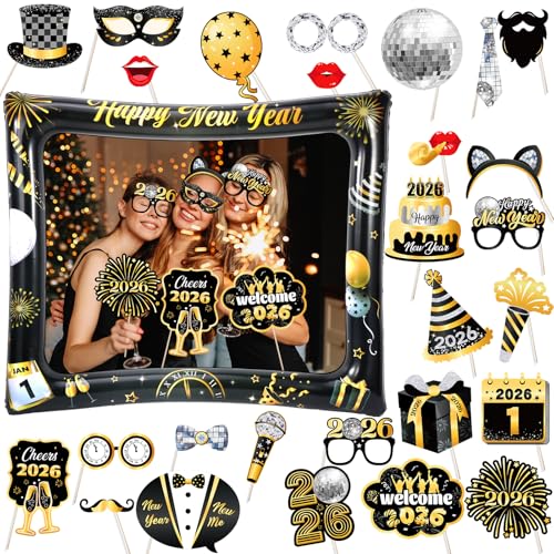 HOWAF Acessórios Photocall Passagem de Ano 2026, Feliz Ano Novo Moldura de Fotos Inflável Happy New Year Óculos de Fim de Ano para Decoração de Ano Novo, Cotillon Passagem de Ano 2026, Conjunto A
