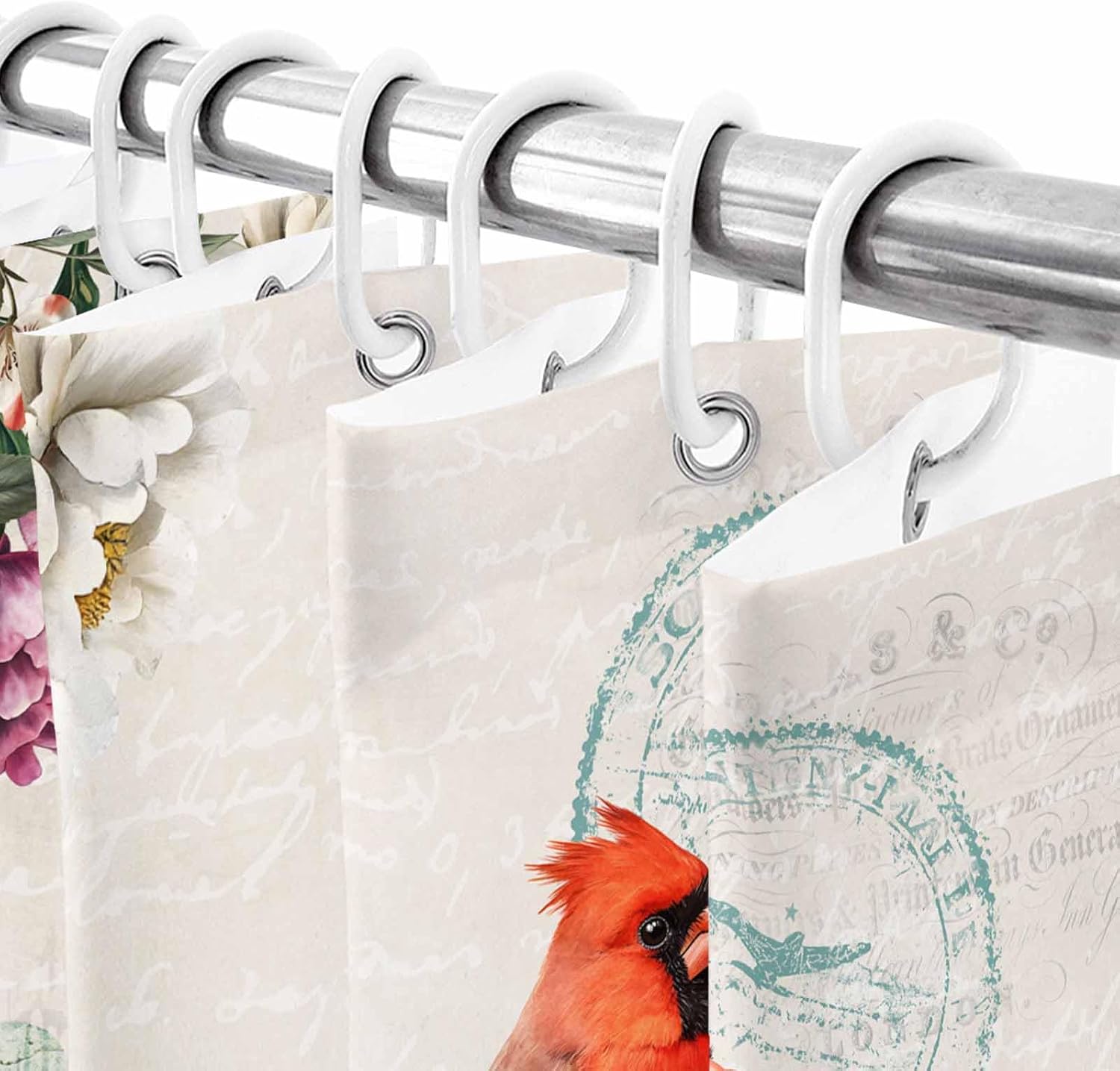 Extra Long Shower Curtain 72x96 Inch, Spring Red Bird Shower Curtain Waterproof Bathroom Decor, Summer Vintage Branch Floral Beige Fabric Bath Curtain Set Accessories with Hooks