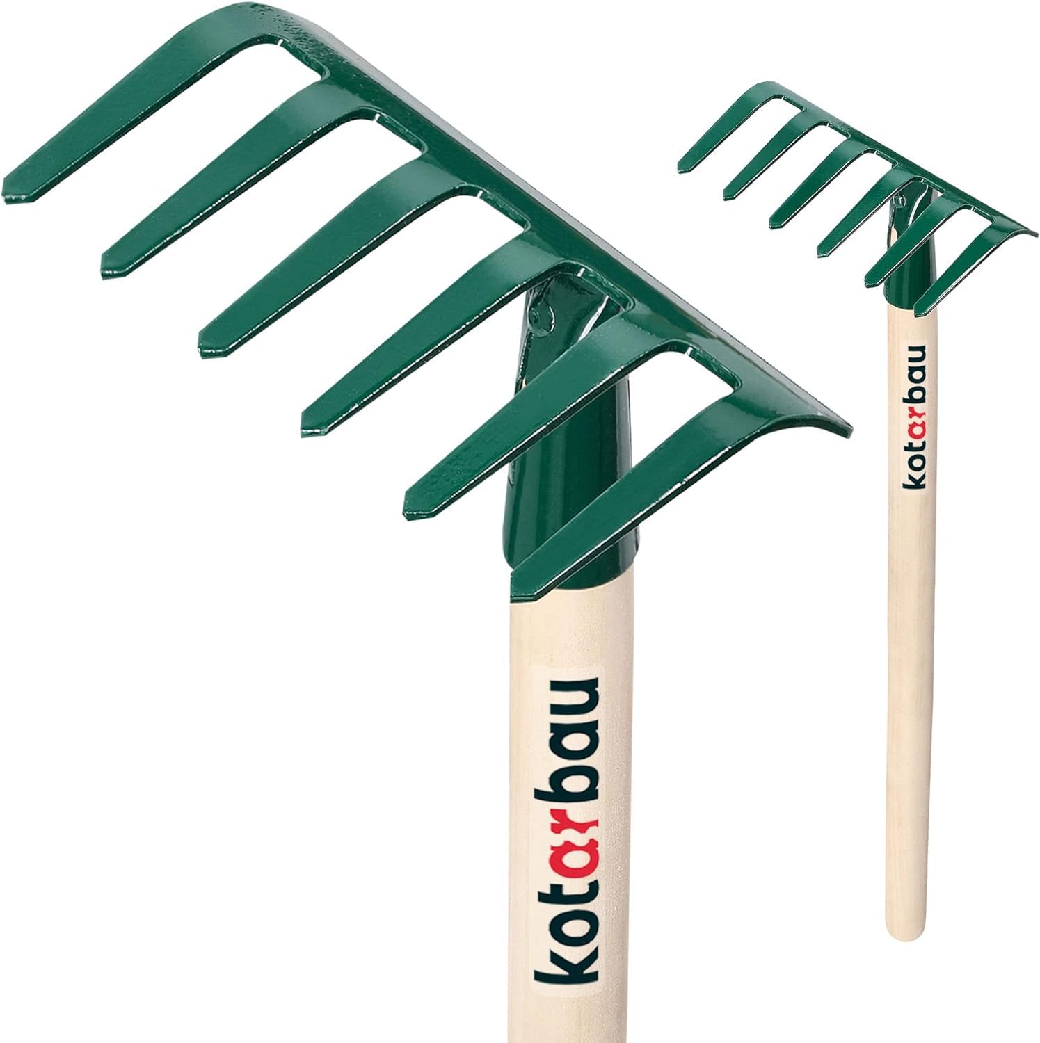 KOTARBAU® Grabki Metalowe - 11,5 cm - Grabie do Rabat - Grabki Ogrodowe - 6 Zębów - Zielone - Drewniany Trzonek - 60 cm