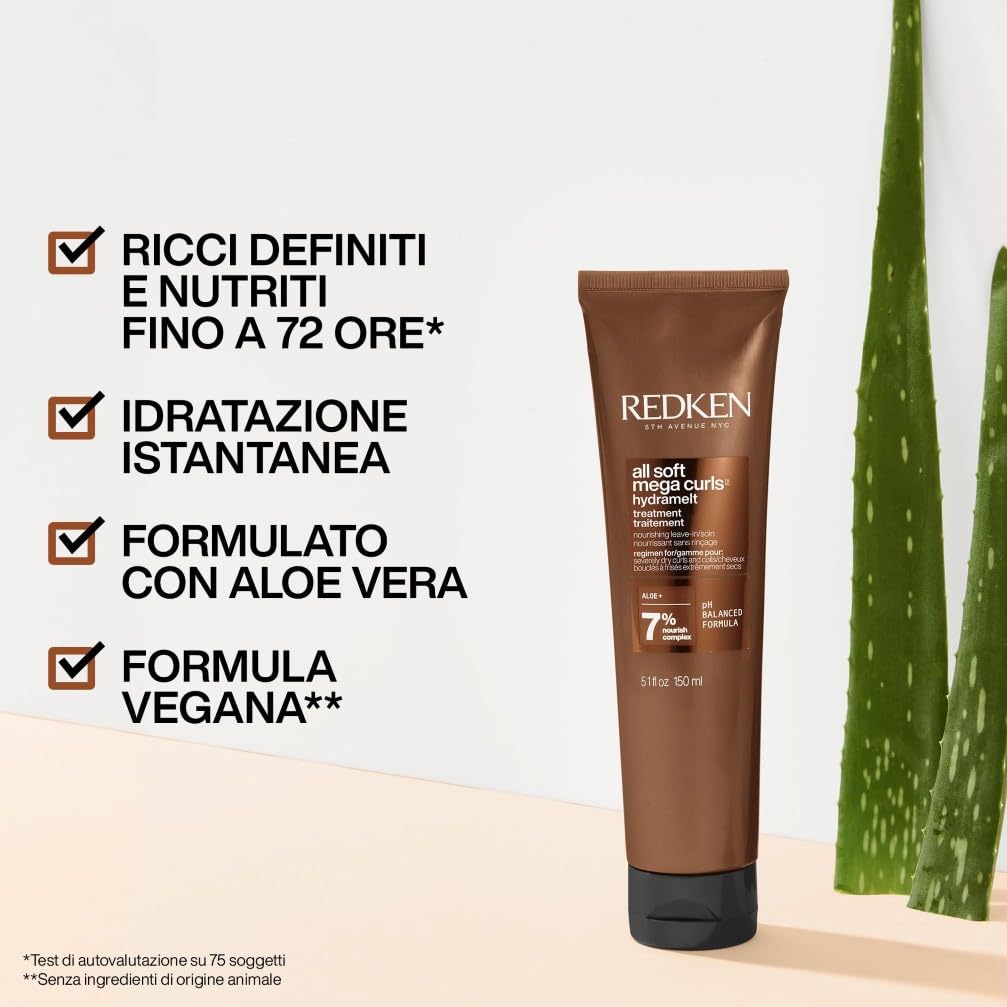 Redken Trattamento Leave-In per Capelli Ricci e Secchi, Nutre e Rinforza, Per Capelli Setosi e Ricci Scolpiti, Con Aloe Vera, All Soft Mega Curls Hydramelt, 150 ml