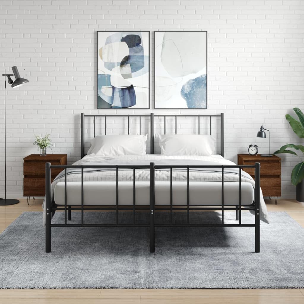 Nachttische 2er-Set Braun Eichen-Optik Holzwerkstoff 40x35x50 cm | Stilvolle Beistelltische fürs Schlafzimmer mit Schublade, Tür und robusten Metallbeinen im Doppelpack.