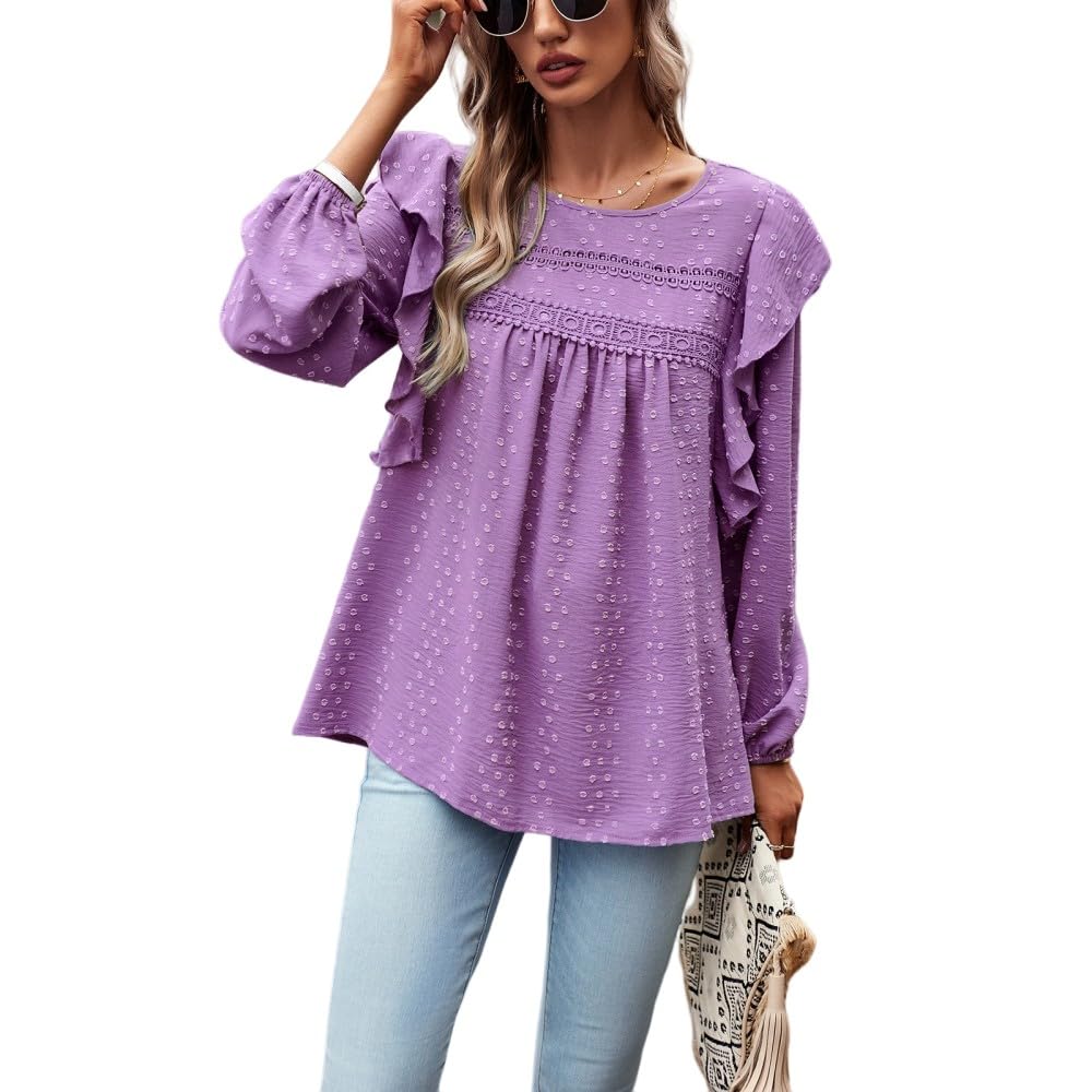 Chemisier Femme Chic Et Élégant,Chemisier Femme Chemises À Manches Longues Violet Solide Col Rond Bordure en Dentelle À Pois Volants Chemise Pull Plissée Élégante Chemise Décontractée Lâch