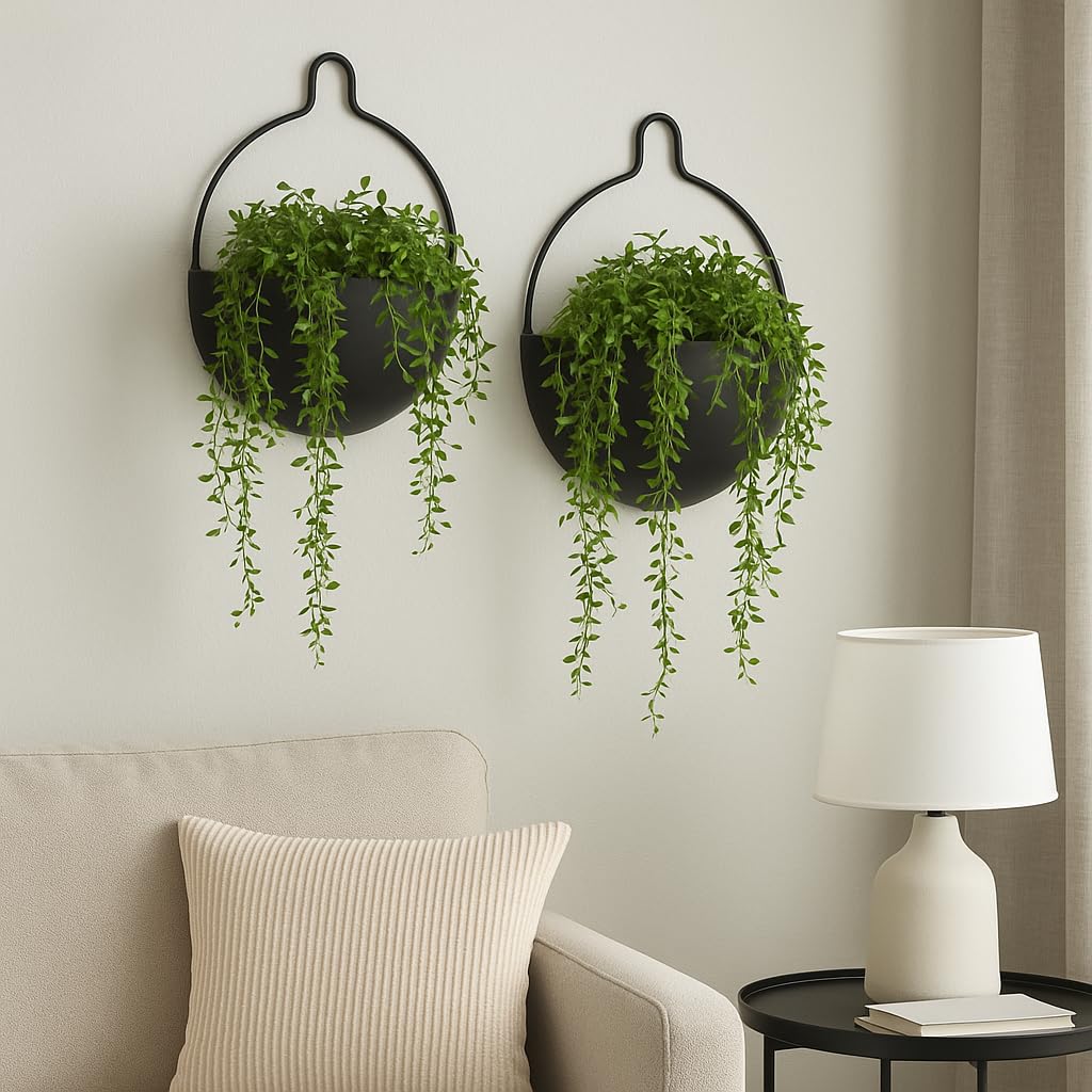 Olly & Rose Set mit 2 Metall-Wand-Pflanzgefäßen – 25 cm breit, zeitgenössische hängende Pflanzgefäße – mattschwarze Wand-Pflanzgefäße mit Aufhängern – Innenwanddekoration für Zuhause