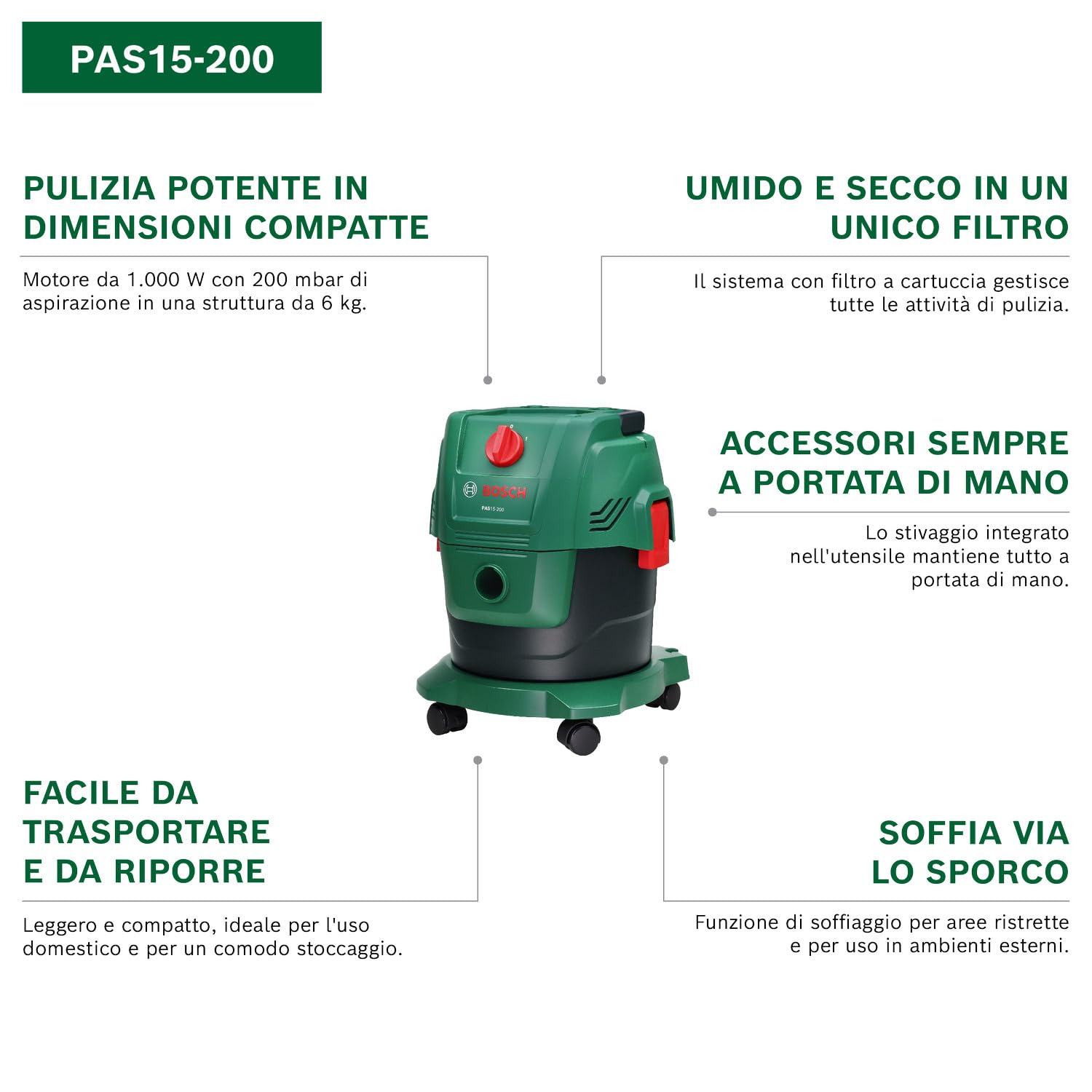 Bosch Aspirapolvere a filo PAS15-200 (Tubi di prolunga (plastica), tubo di aspirazione 2,2 m, tubo a gomito/impugnatura, bocchette per pavimenti e fessure,filtro a cartuccia)