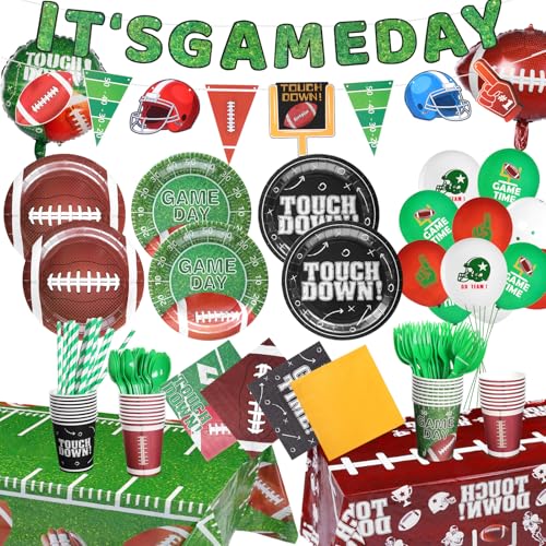 Football Birthday Party Decorations Tableware Set Football Party Supplies with Banners Paper Plates and Napkins Tablecloth Cups Tissue Balloon Forks Spoons Straws for Birthday Decor Serve 24 (Style 1)