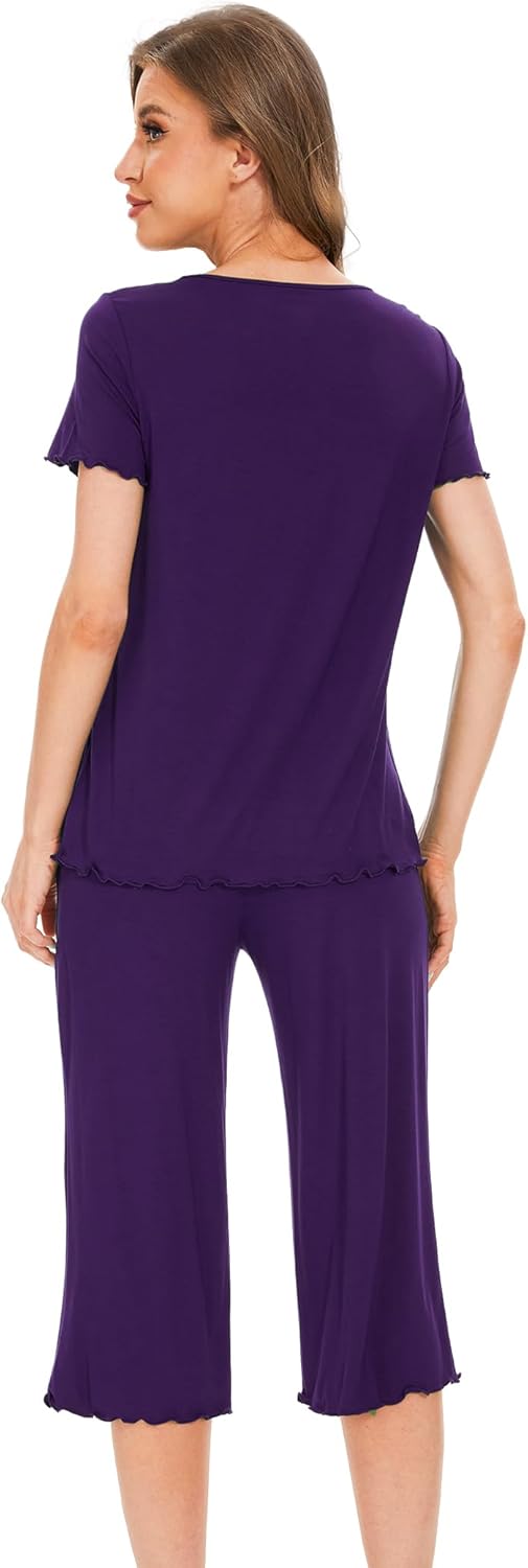 LazyCozy Womens Pajama Sets Viscose from Bamboo Pj Set Short Sleeve Top with Capri Pants Sleepwear 2 Piece Lounge Set - Image 2