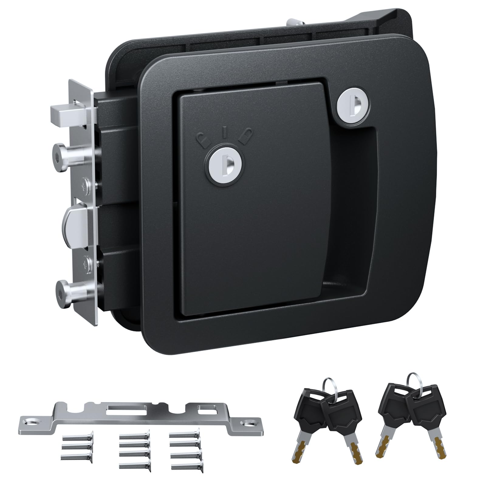 All-Metal RV Door Lock Replacement, Black Motorhome Door Latch Lock Fits 4.25" x 4.50" Opening for Class A and Class C RVs, Includes 4 Keys