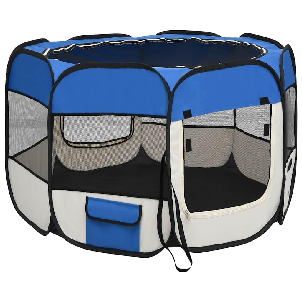 Parque plegable para cachorros con bolsa de transporte, color azul, 90 x 90 x 58 cm, marco de metal estable, plegable y portátil, ideal para entrenamiento, protección y seguridad en el