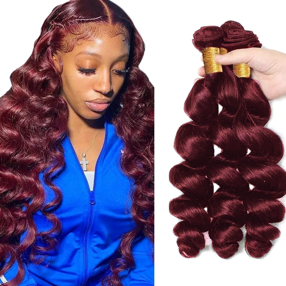 Loose Deep Wave Bundles #99J Wine Red Bundles Human Hair 18 20 22 Inch Burgundy Loose Wave Bundle Human Hair Extensions Double Weft Unprocessed Brazilian Virgin Hair 3 Bundle 50 Grams Per Bundle