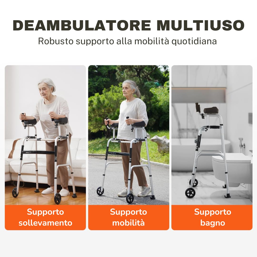 Deambulatore Pieghevole con Supporto Avambracci in Alluminio per Anziani e Soggetti Fragili, Richiudibile, Riabilitazione, 8 Regolazioni in altezza - Dispositivo Medico Classe 1