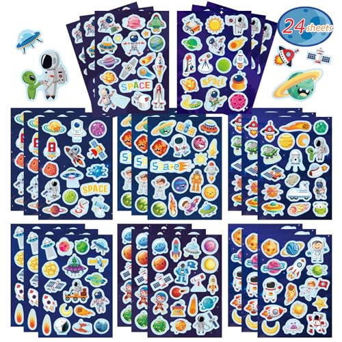 24 Sheets Space Themed Sticker Set - 8 Planets, Astronauts, Space...