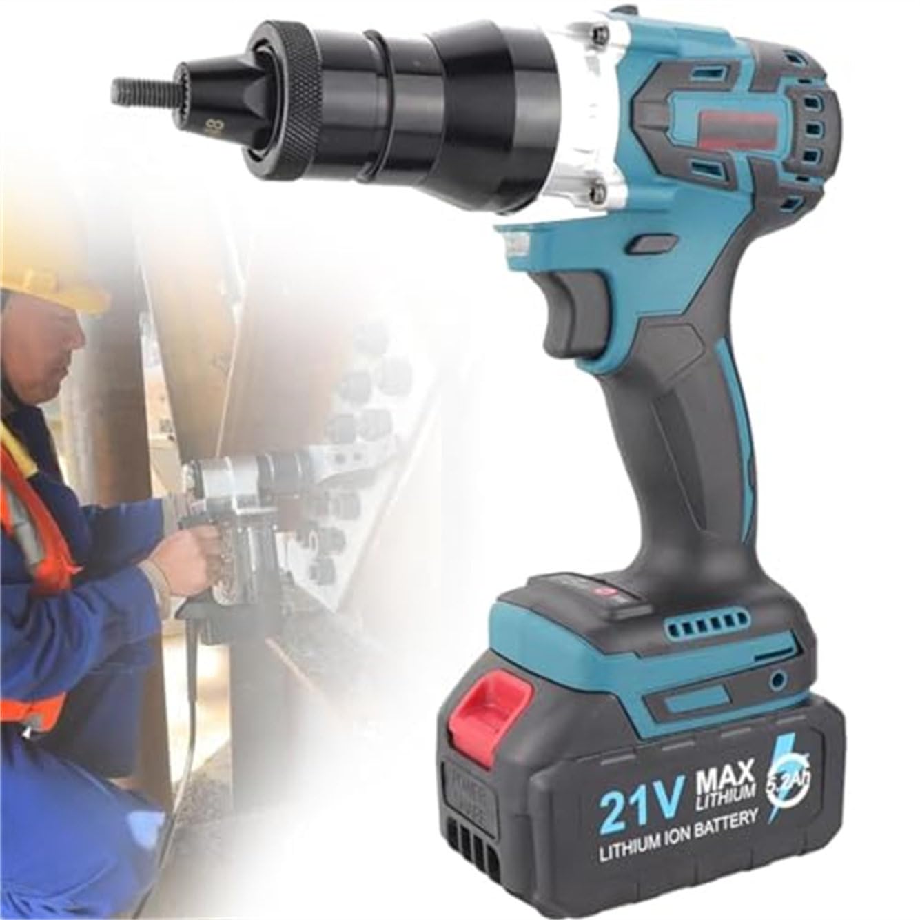 Remachadora eléctrica de mano, pistola remachadora de precisión inalámbrica con funcionamiento automático de 21 V, incluye 2 baterías para un cierre eficiente en espacios reducidos