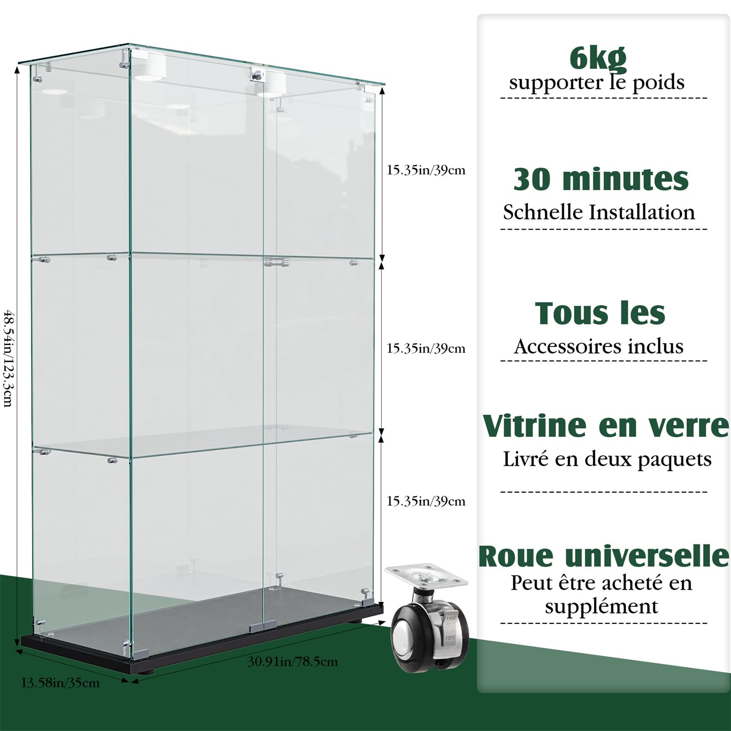 Vitrina de cristal con LED, vitrina expositora con 3 estantes de cristal, vitrina de salón moderna con 2 puertas y cerradura, vitrina expositora para coleccionismo (negro, 3 Etagen 2 Tür+LED-A)