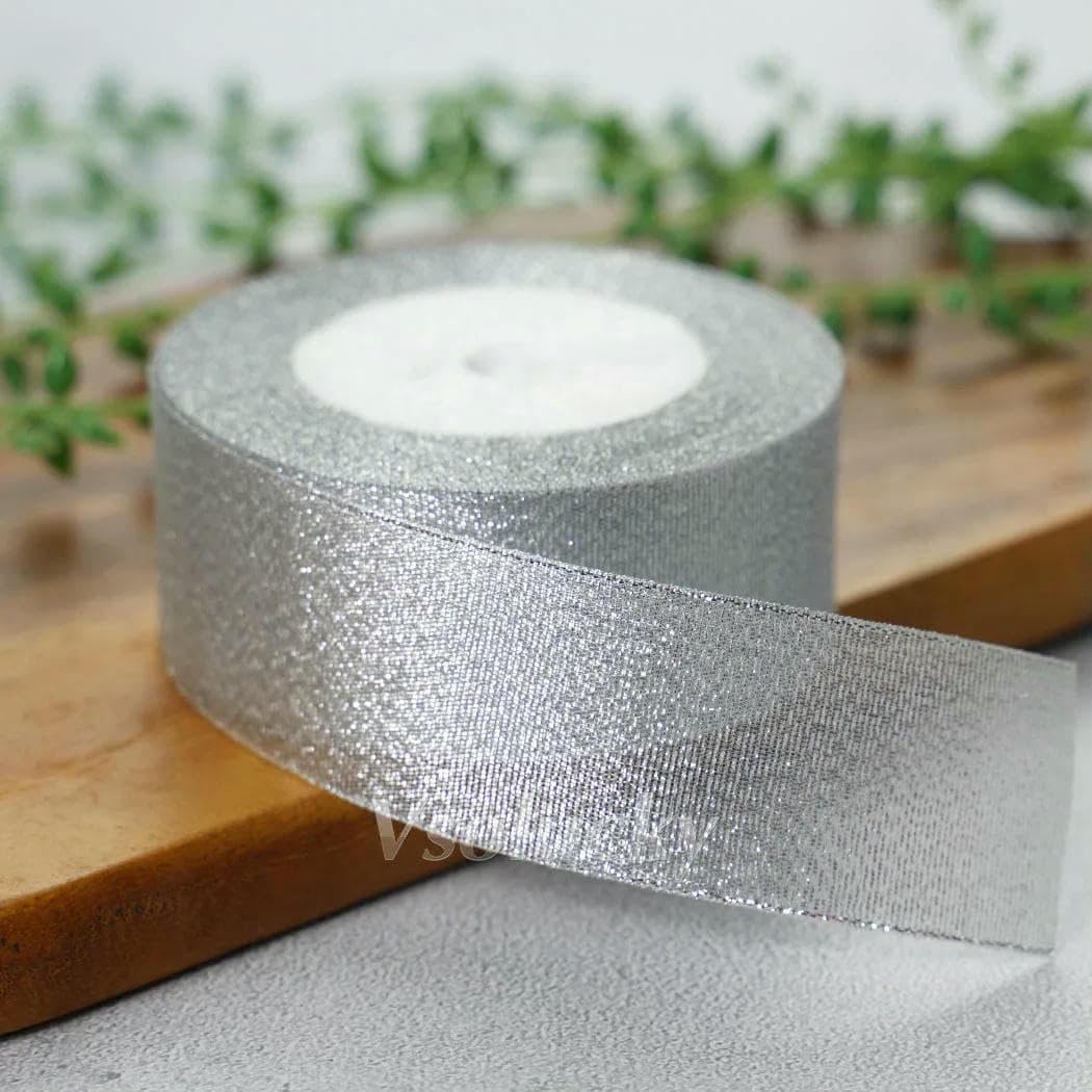 25 Yards Satinband 50 mm 38 mm 25 mm 15 mm 10 mm 6 mm für DIY-Verpackungen, Seidenbastelbedarf, Nähzubehör, Partydekoration, Glitzer-Silber, Breite 50 mm