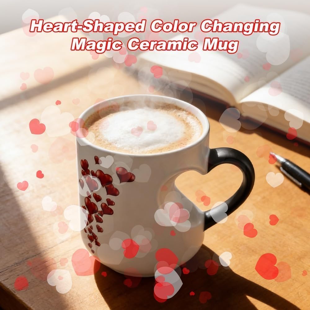 Heart-Shaped Color Changing Magic Ceramic Mug, 2026 New Heart Shaped Handle Ceramic Coffee Cup, Thermochromic Magic Reveal Design, Heart Mug Gift for Valentine's Mother's Day (Black) - Image 2