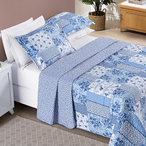 Colcha Bouti Cobre Leito Tecido Estampado Dupla Face 03 Peças - Fronhas Aba Americana (AZUL SERENA,