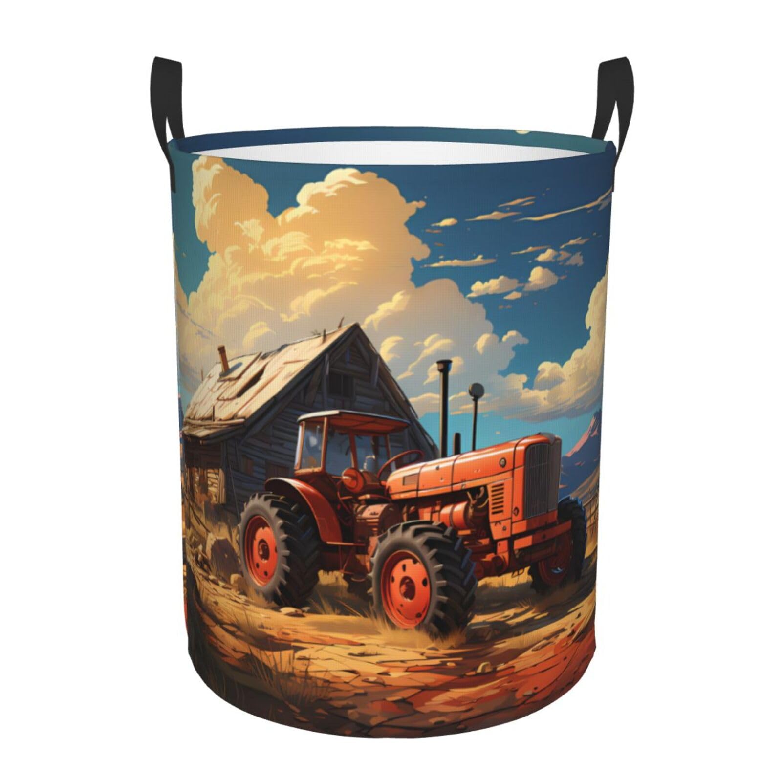 M Collapsible Farm Red Tractor Print Circular Hamper Round