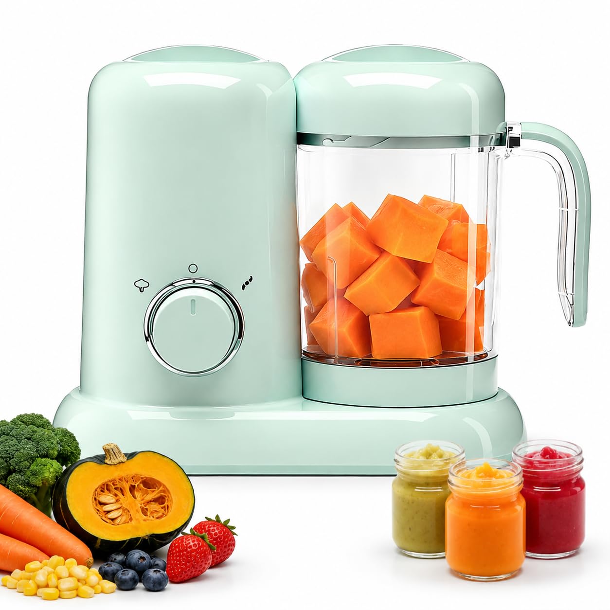 Robot Cuiseur Mixeur pour Bébés, Mixeur bébé Multifonctions avec Panier Vapeur Lame en acier Inoxydable 304 pour la Préparation de Purées Maison et de Fruits pour Bébé, Sans BPA