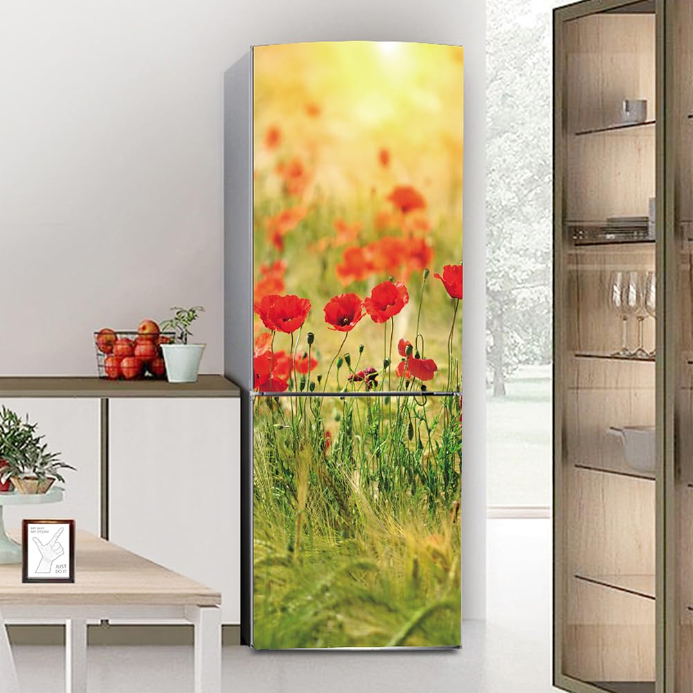 Fridge wrap, Full Covering Door Fridge Covers Skins Wall Stickers for Kitchen Decal, Red Poppy Flower Field Flowers