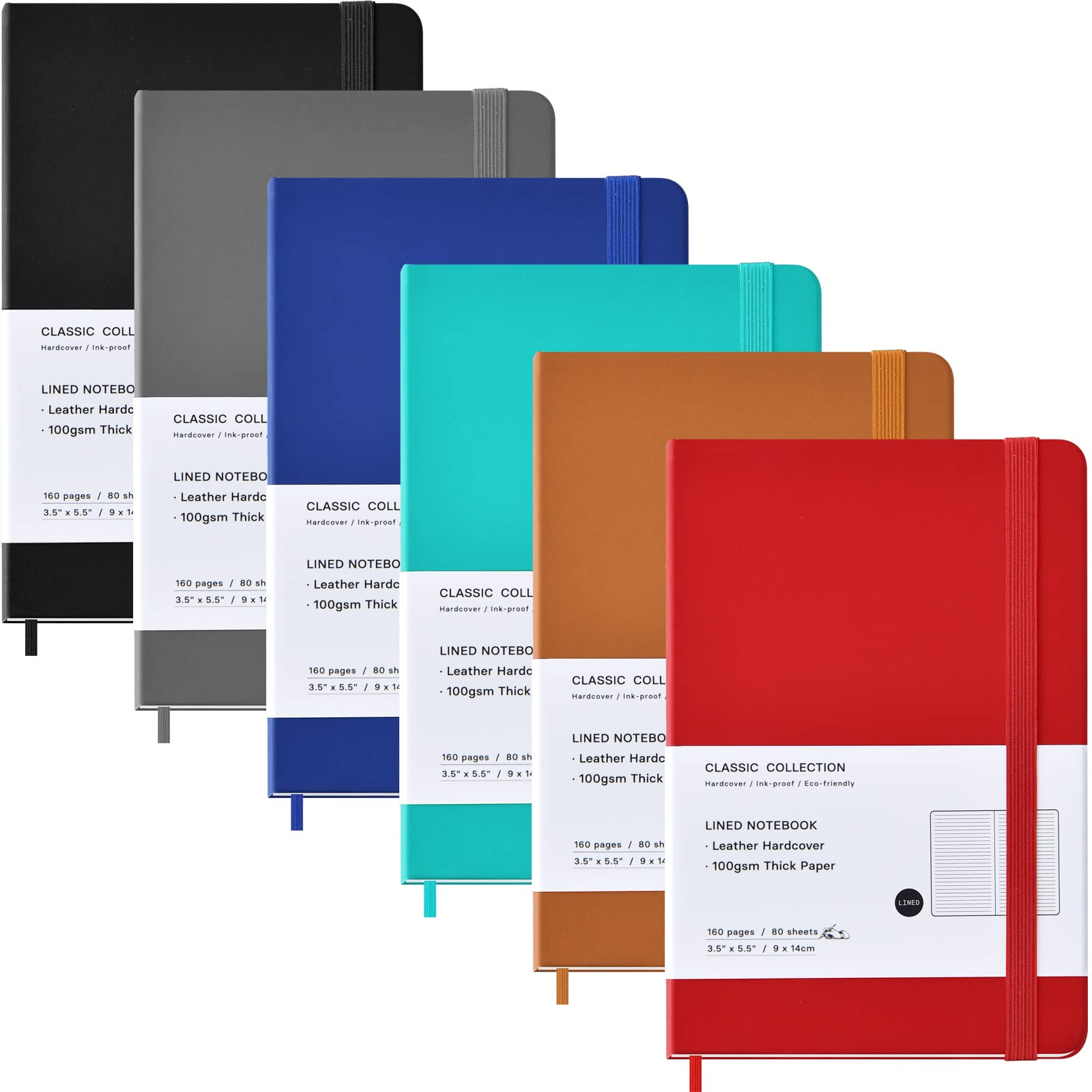 Coopay6 Pack Pocket Notebooks Journal Notebooks Small Notepad Hardcover Leatherette Lined Journals for Office Home School Business, 3.5" x 5.5", 100GSM Thick Paper, 160 Pages (6 Colors)