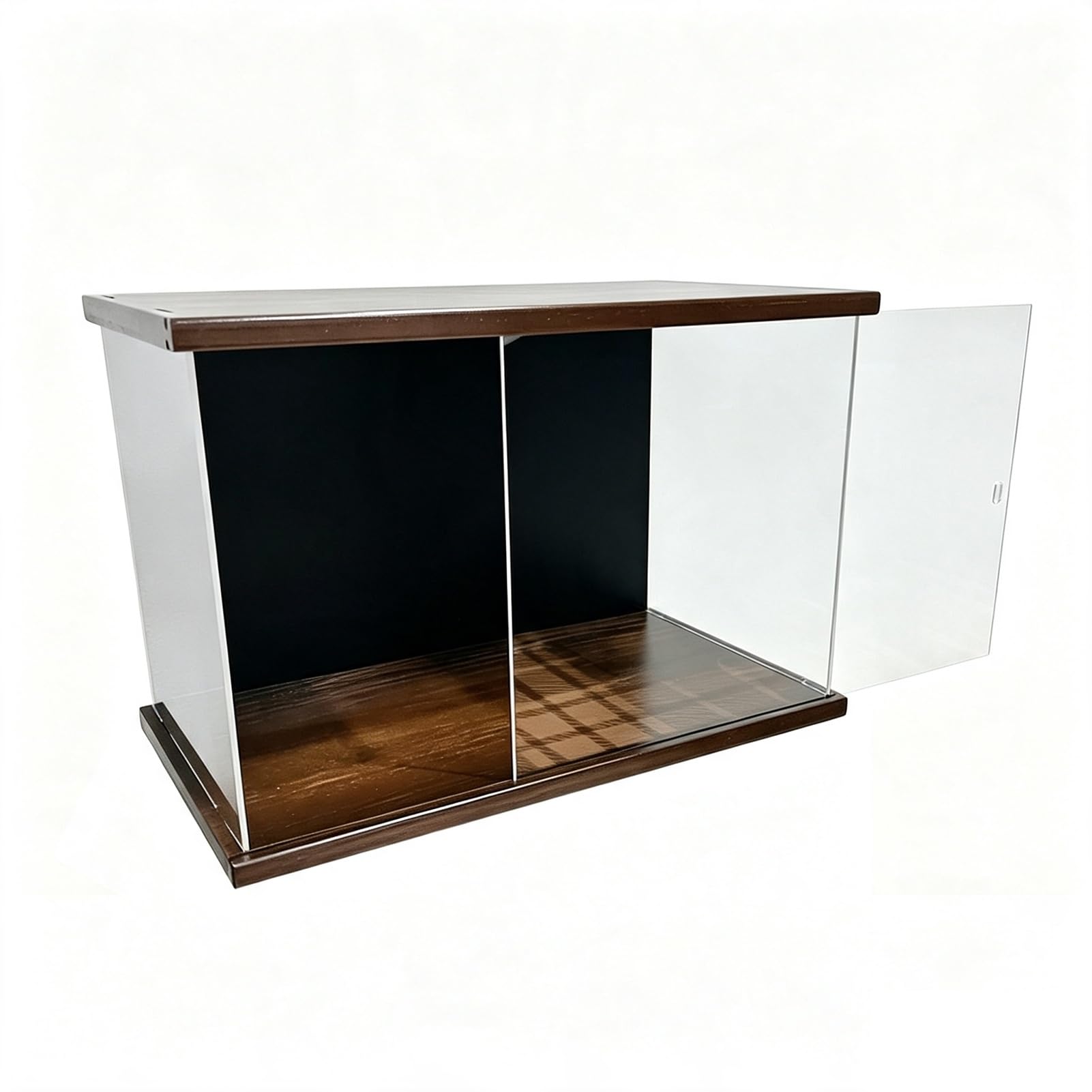 Teca Plexiglass Vetrina Espositiva con Pannello Posteriore Nero | Vetrina in Acrilico con Apertura a Scorrimento, Contenitore con Base e Coperchio in Legno, Custodia Antipolvere