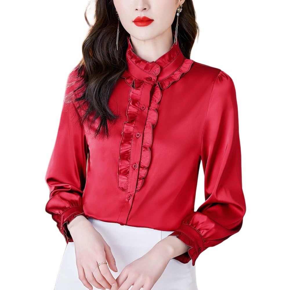 Chemises en Soie Satinée À Manches Longues pour Femmes,Veste Cardigan À Boutons À Volants Rouge,Chemisier,Haut Décontracté,Élégant,Chic,Hauts De Travail,Chemises Élégantes