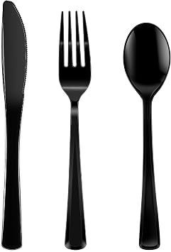 150pcs Black Disposable Cutlery Set Heavy Duty Plastic Silverware with 50 Forks, 50 Knives, 50 Spoons Perfect for Party, Picnic, Camping, Catering, Travel