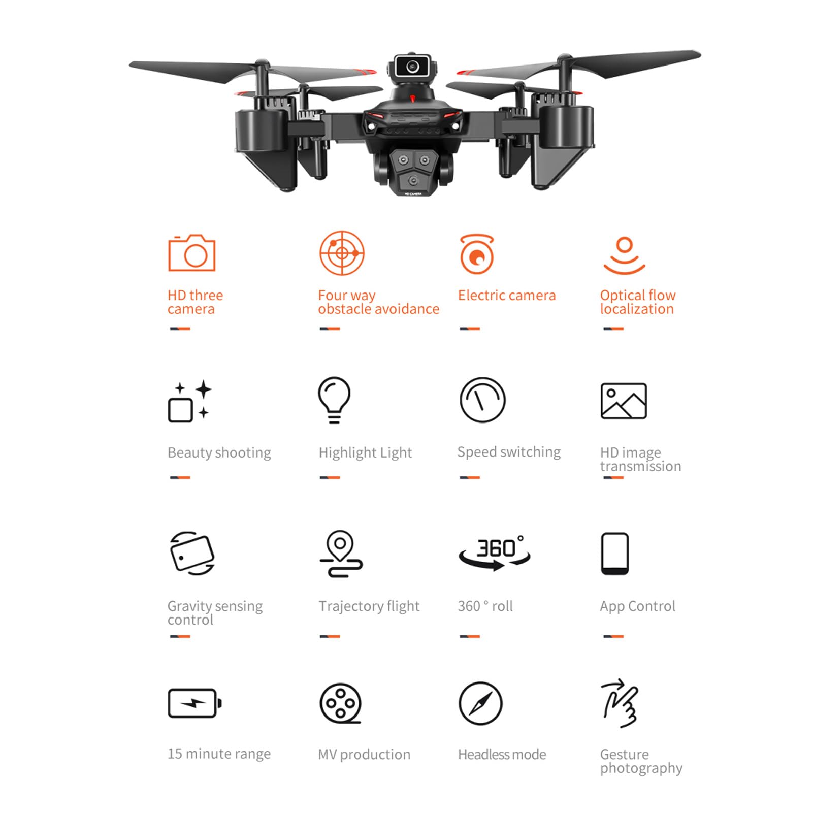 4K HD RC-Drohne mit 2,4 GHz WLAN, faltbarer Quadrocopter mit 3 Kameras, 50-fachem Zoom, Vier-Wege-Hindernisvermeidung, intelligentem Schießen im Beauty-Modus, APP-Steuerung