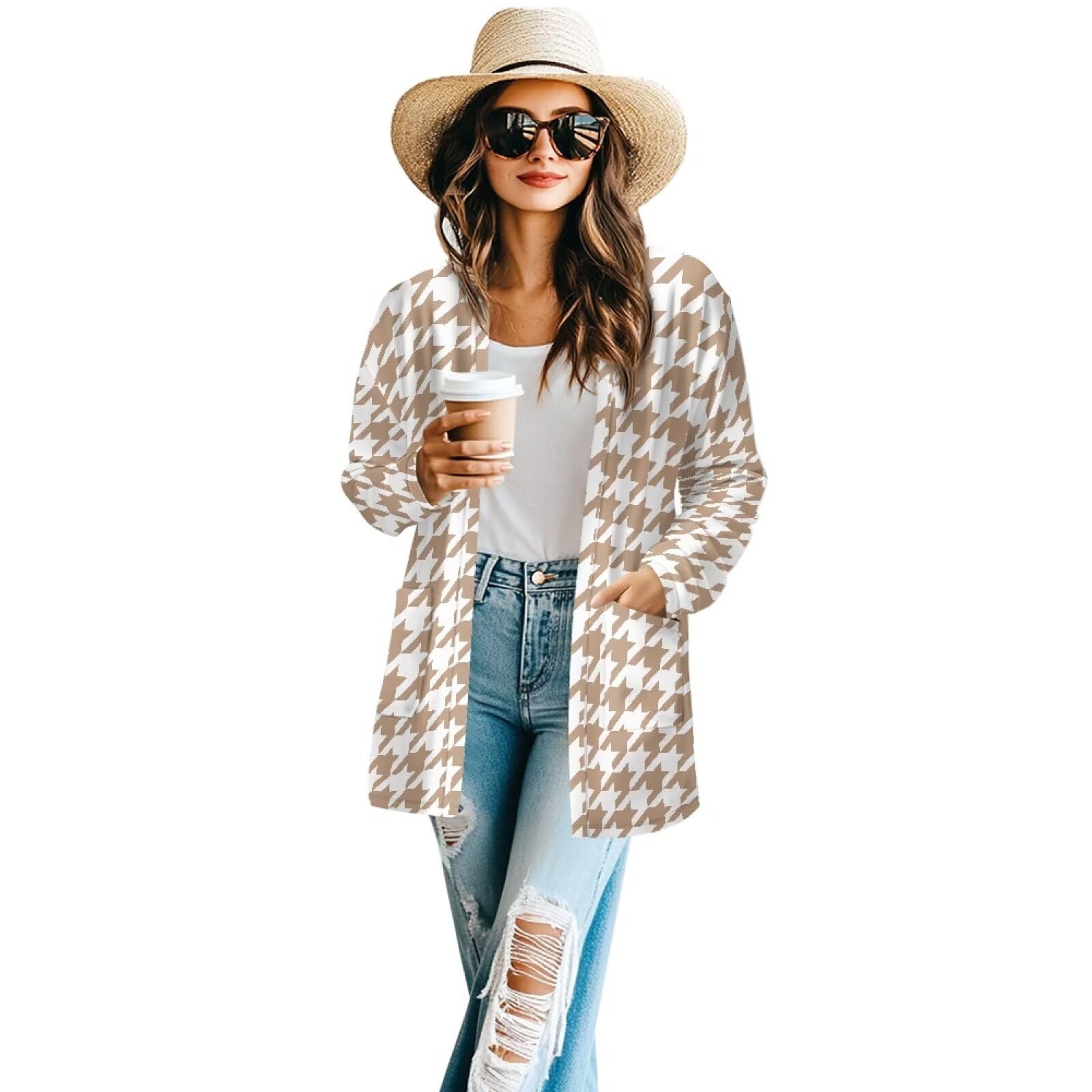 Women's Aztec Open-Front Jacket Lightweight Casual Outerwear Native Western Aztec Pattern &amp; Plaid Houndstooth Print