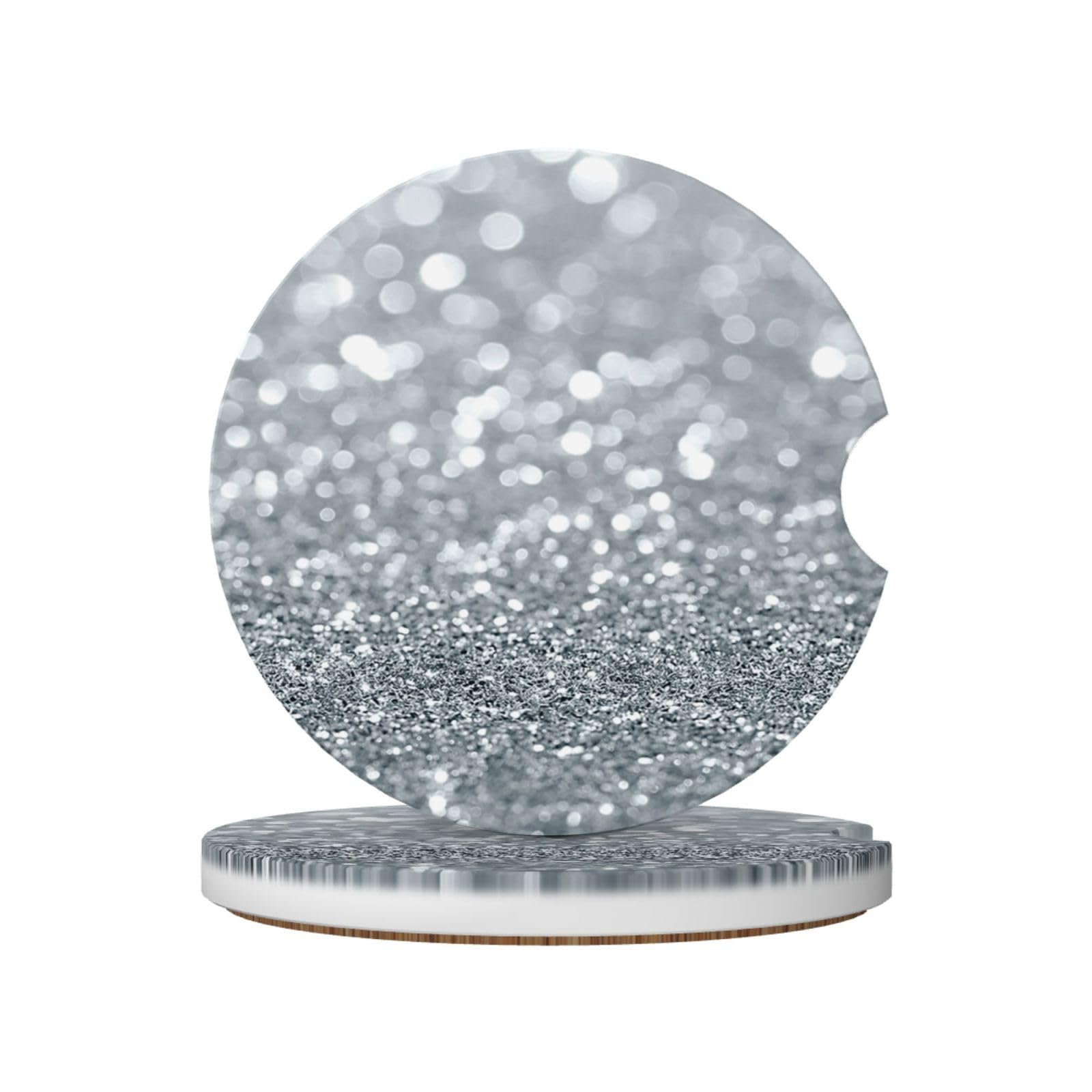 White Silver Glitter Bokeh Glam Trendy Sparkle, Car Cup Holder Coasters 2 Pack, Absorbent Ceramic Car Coasters with Non Slip Cork Base