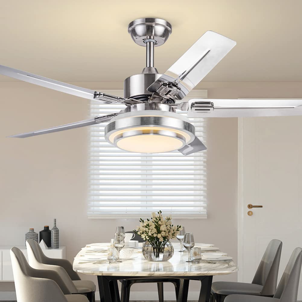 ONELLH 42Inch Classic Minimalism Ceiling Fan Light, Timer, Dimmable Indoor Outdoor Ceiling fan for Kitchen Bedroom Living Room (Silver,Stainless Steel
