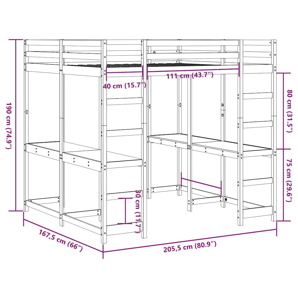 vidaXL Letto Soppalco con Scrivania e Scala 160x200 cm Massello Pino, Letto a soppalco con scrivania, Letto a Mezza traversa per Bambini, Struttura Letto a soppalco
