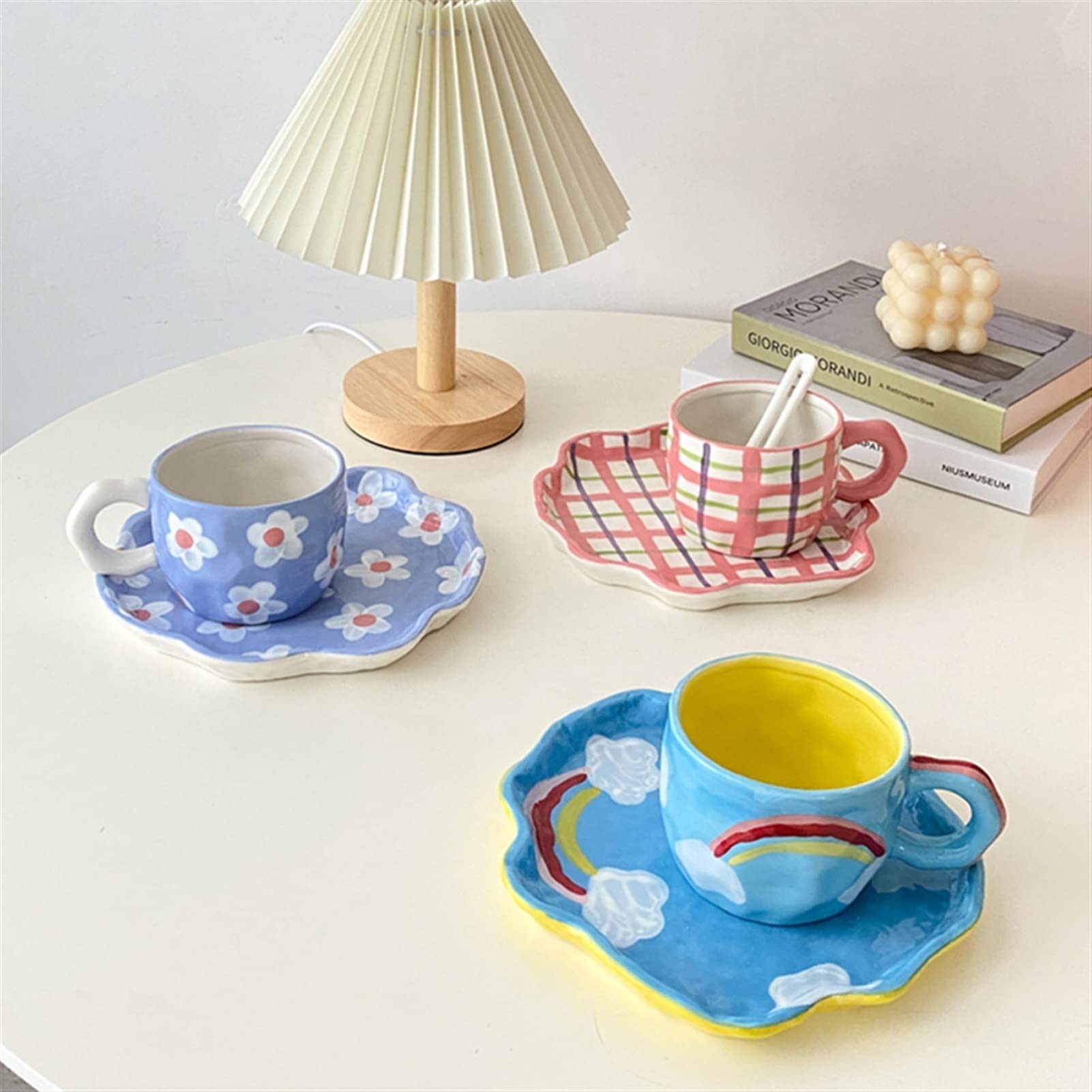 Mug Tasse Peinte à la Main Motif créatif gobelets et Assiettes sous-allumes de thé céramique thé café Tasse de Dessert Plate Alimentaire Cadeau à la Main Tasse à thé (Color : E)