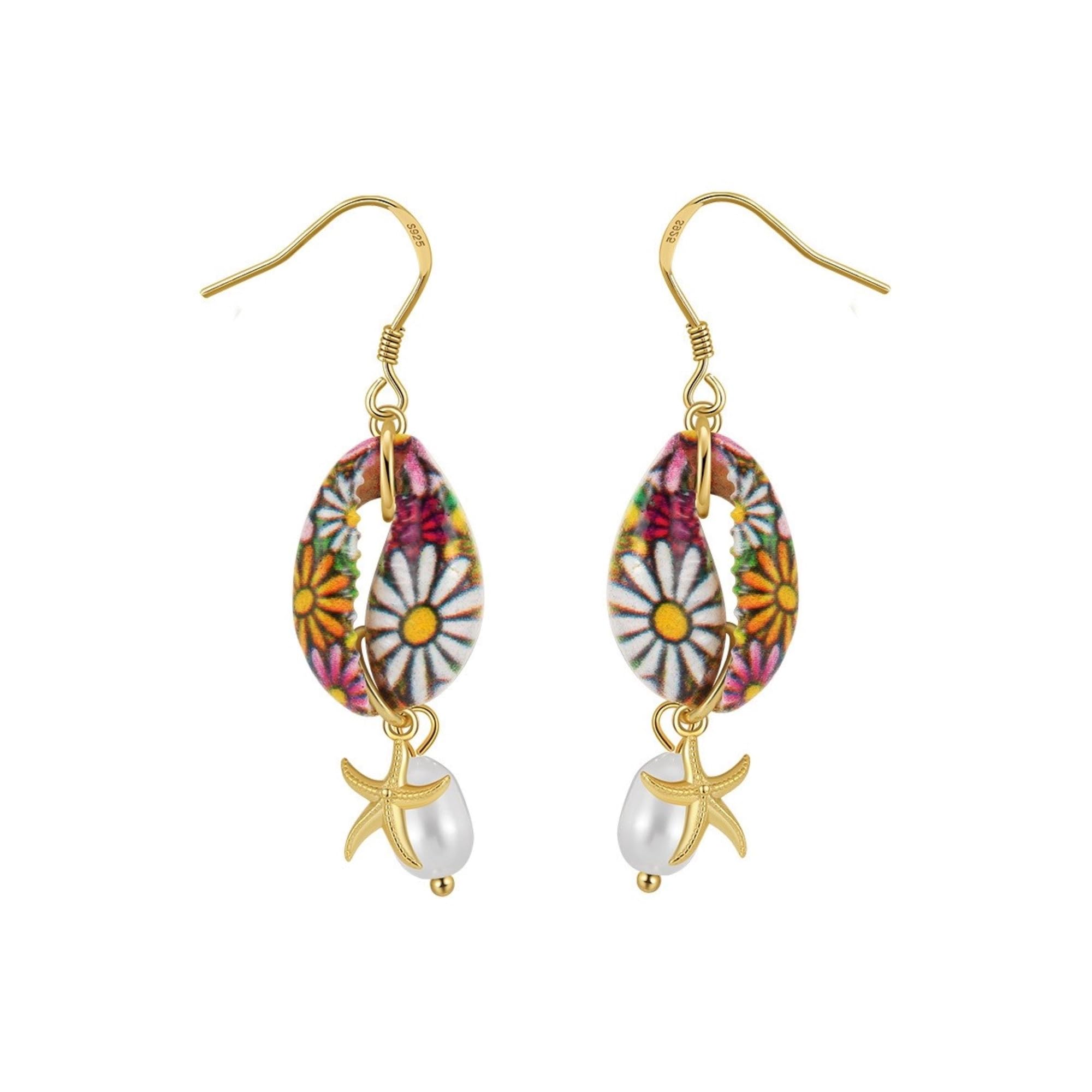 Pendientes Boho de Concha y Perla Pendientes Colgantes Estrella de Mar en Plata de Ley 925 Joyería para Mujeres