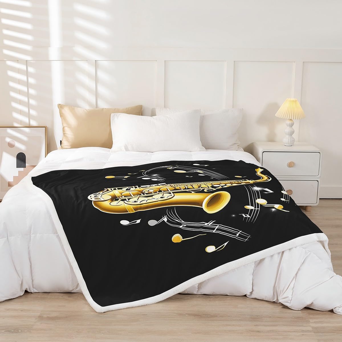 Erosebridal Saxophone Sherpa Blanket Rotating Musical Notes Fleece Twin 60"x80" Black Modern Music Theme Fuzzy Blanket for Kids Boys Girls Sofa Decor