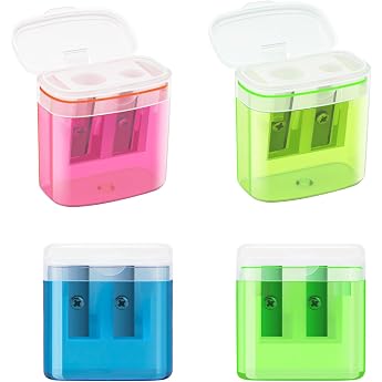 JEFURE Double Hole Pencil Sharpener with Container, 4 Pieces, 4 Colours | Handheld Pencil Sharpener for Thick and Thin Pens, 
