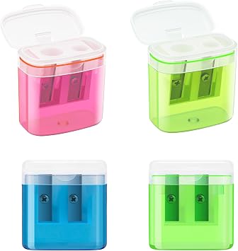 Pencil Sharpeners 4PCS, 4 Colors Manual Pencil Sharpener with Container, Pencil Sharpener for Kids with Double Holes and Lid, Compact Pencil Sharpener for School, Home and Office